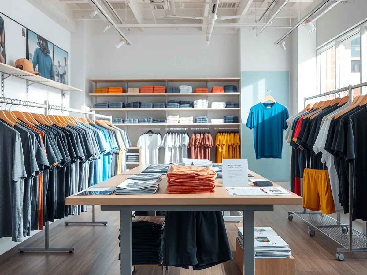 服装门店换季补货后的货架展示,新款T恤和短裤整齐排列